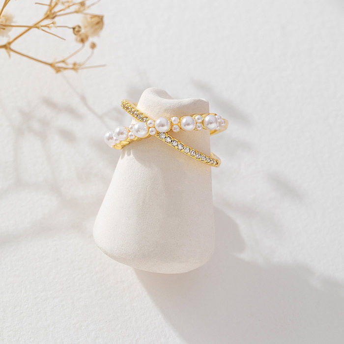 Anéis abertos de zircão de pérolas artificiais com chapeamento de cobre geométrico estilo retrô simples