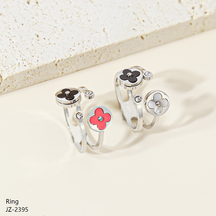 Wholesale Retro Classic Style Four Leaf Clover Stainless Steel Inlay Rhinestones Shell Open Rings