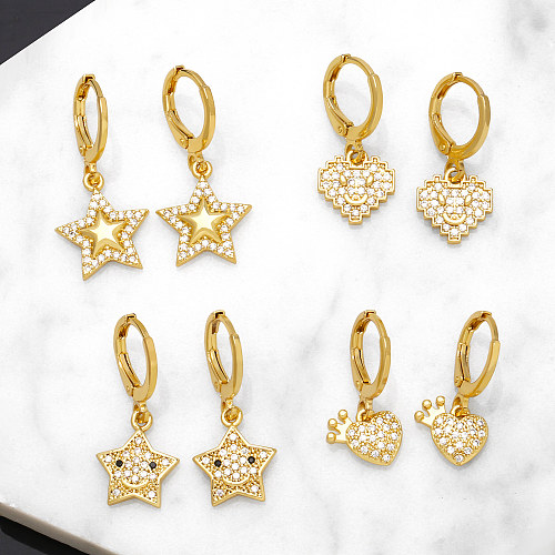 1 par de pendientes colgantes chapados en oro de 18K con incrustaciones de circonita de cobre con forma de corazón de pentagrama dulce estilo IG