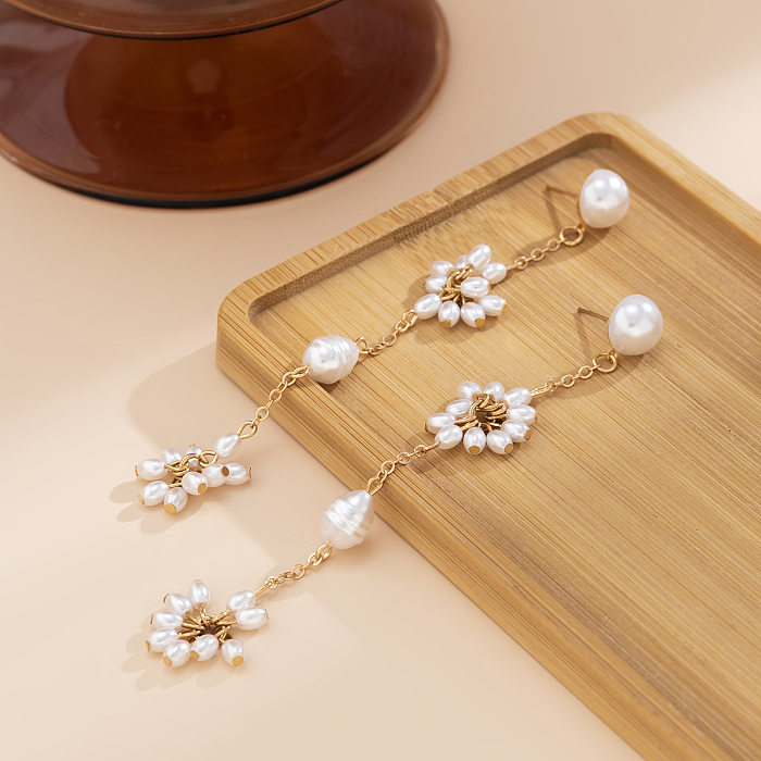 1 Paar elegante, schlichte Herzform, Kupfer-Quastenüberzug, Inlay, künstliche Perlen, Tropfenohrringe