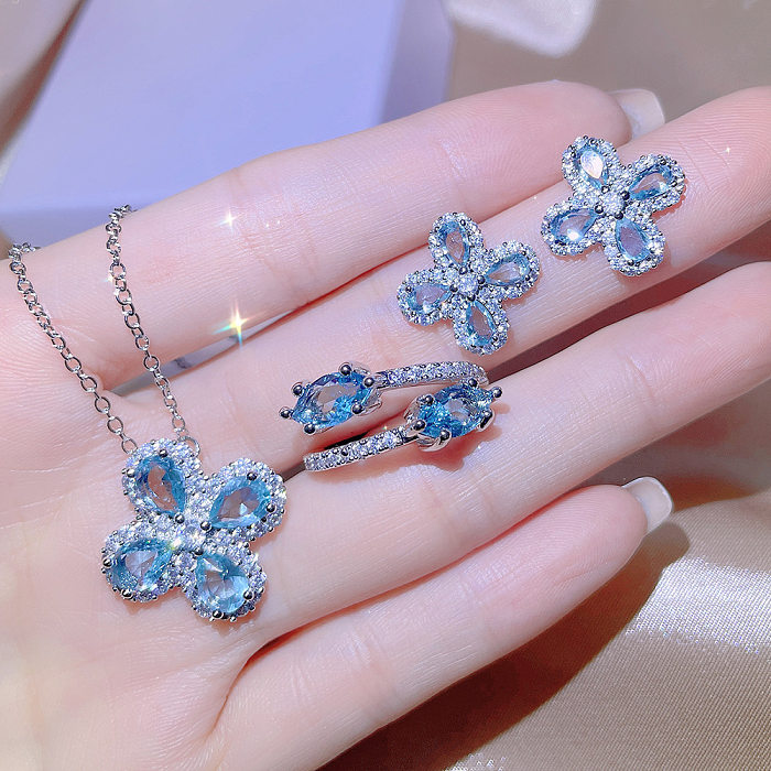 Romantic Shiny Four Leaf Clover Copper Inlay Artificial Crystal Rings Earrings Necklace