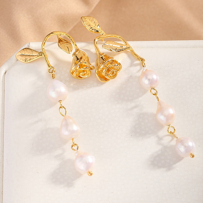 1 Pair Elegant Vintage Style Lady Flower Freshwater Pearl Copper Drop Earrings