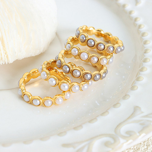 Elegant Lady Baroque Style Geometric Titanium Steel Plating Inlay Artificial Pearls 18K Gold Plated Rings