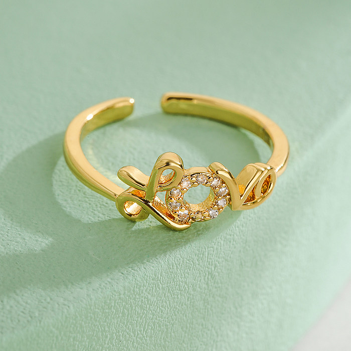 Estilo simples comute amor cor sólida cobre 18K anel aberto de zircão banhado a ouro a granel