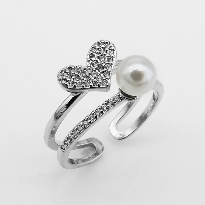 Señora romántica forma de corazón cobre chapado en oro plateado perlas artificiales circón anillo abierto a granel