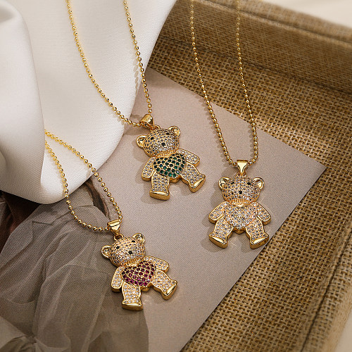 Simple Style Commute Animal Bear Copper 18K Gold Plated Zircon Pendant Necklace In Bulk