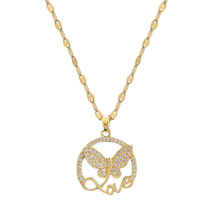 Fashion Letter Butterfly Titanium Steel Copper Plating Hollow Out Inlay Zircon Pendant Necklace