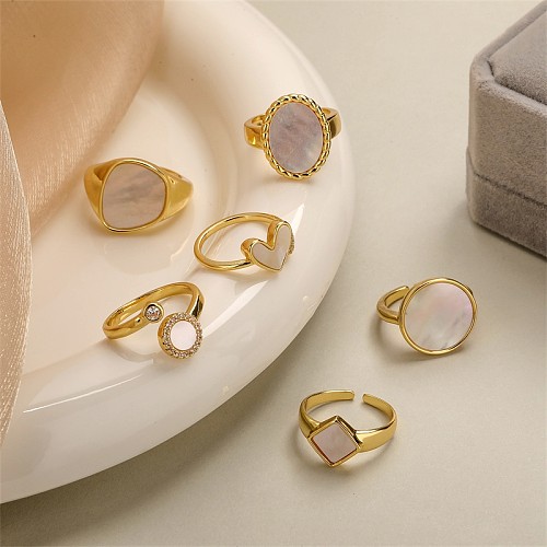 Luxuoso formato de coração, chapeamento de cobre, embutimento, zircão, anéis abertos banhados a ouro