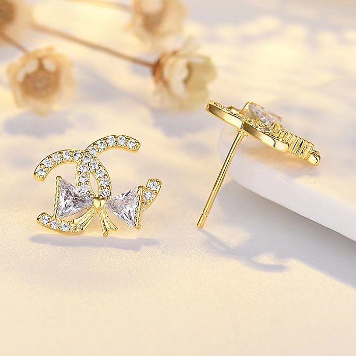 Elegant Fashion Bow Knot Copper Diamond Zircon Earrings Ear Studs