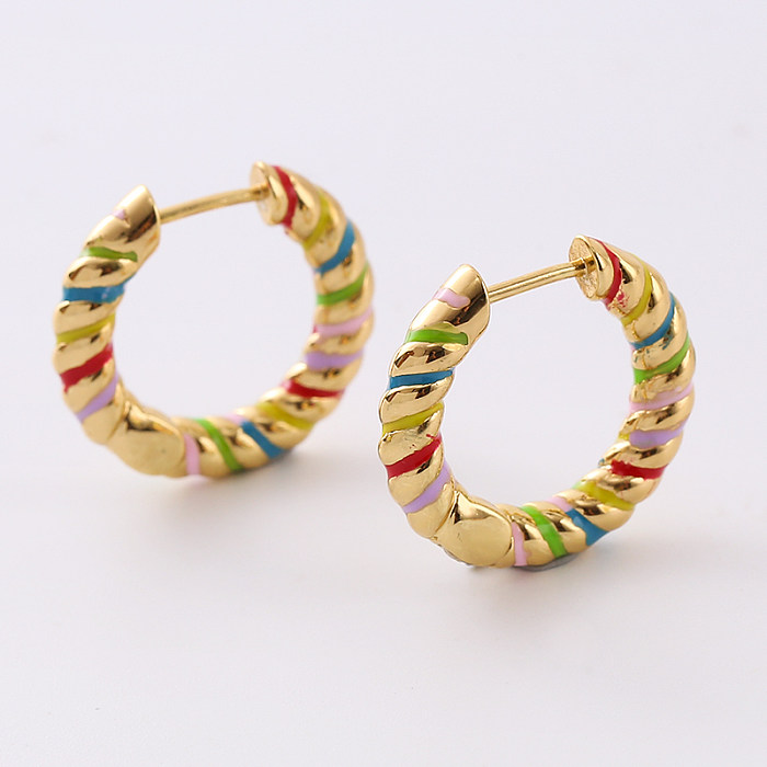 1 Pair Sweet Spiral Stripe Enamel Plating Copper 24K Gold Plated Hoop Earrings