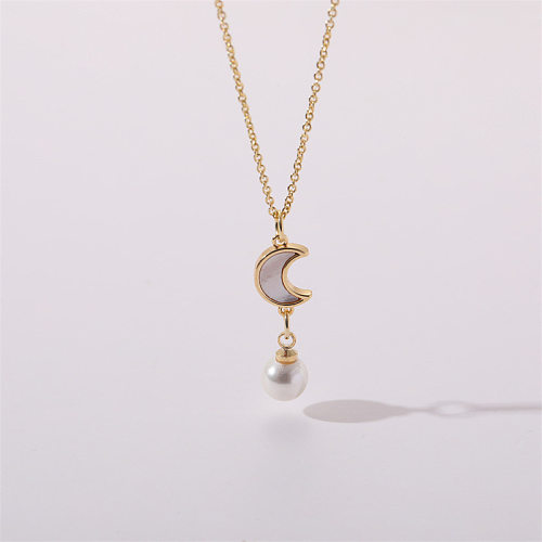 Simple Style Moon Heart Shape Copper Plating Artificial Pearls Zircon Pendant Necklace 1 Piece