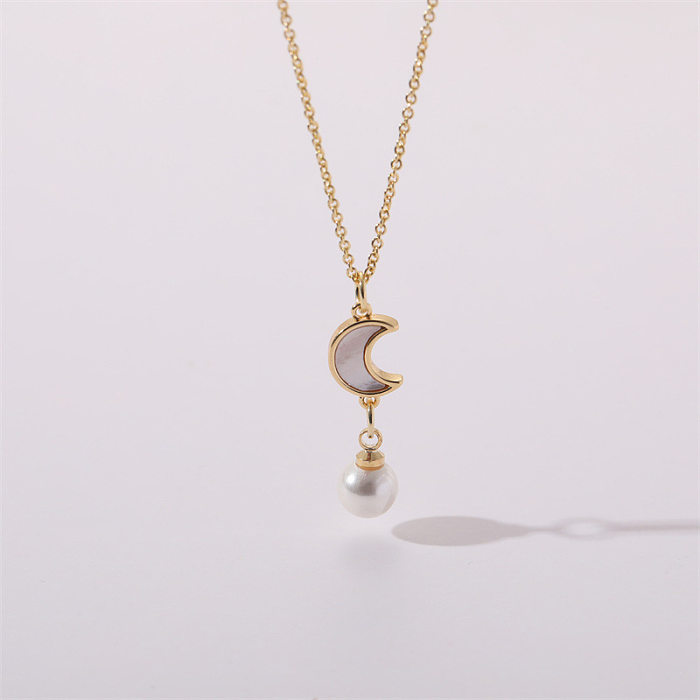 Style Simple lune coeur forme cuivre placage perles artificielles Zircon pendentif collier 1 pièce