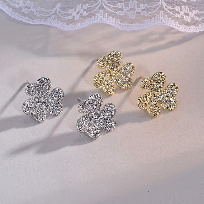 1 Pair Pastoral Leaf Inlay Copper Zircon Ear Studs