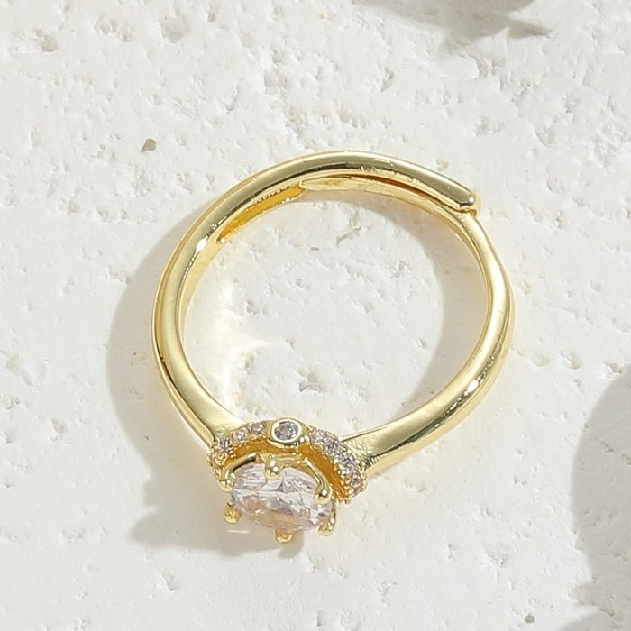 Estilo simples brilhante redondo quadrado cobre chapeamento embutimento zircão 14K anéis abertos banhados a ouro