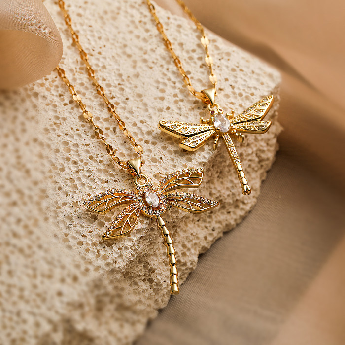 Simple Style Commute Dragonfly Copper Plating Inlay Zircon 18K Gold Plated Pendant Necklace