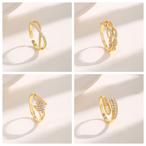 Simple Style Classic Style Cross Copper Plating Hollow Out Inlay Zircon 18K Gold Plated Open Rings