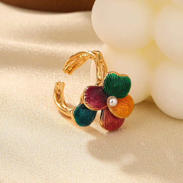 Fairy Style Roman Style Flower Copper Inlay Pearl Open Rings