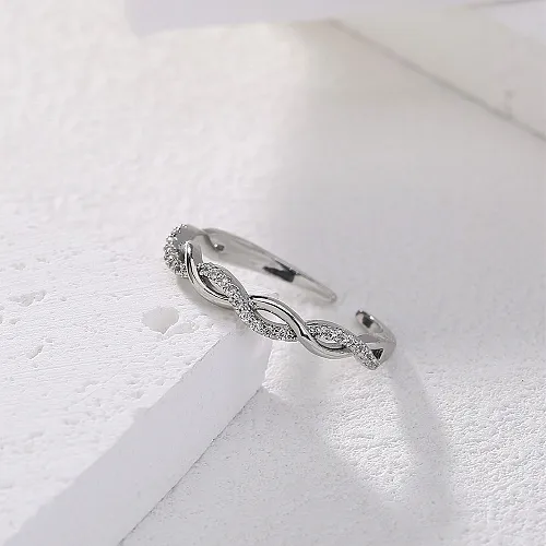 Elegant Simple Style Twist Copper Silver Plated Zircon Open Ring In Bulk