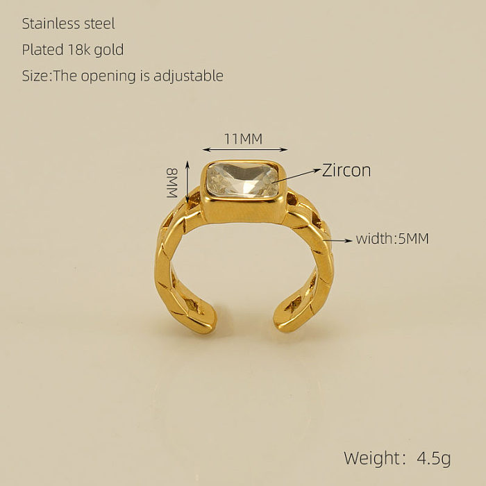 Retro Rectangle Stainless Steel Plating Inlay Zircon 18K Gold Plated Open Ring