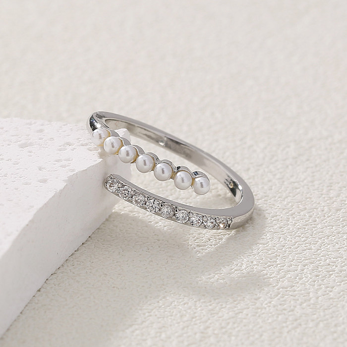 Women'S Simple Style Solid Color Imitation Pearl Copper Ring Plating Inlaid Zircon Zircon Rings
