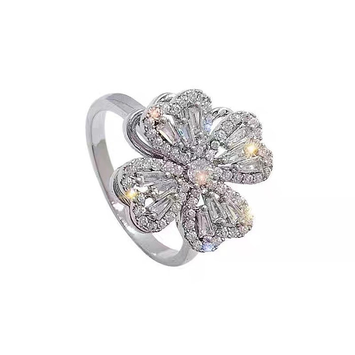 Lady Shiny Four Leaf Clover Copper Plating Inlay Zircon 18K Gold Plated Open Rings