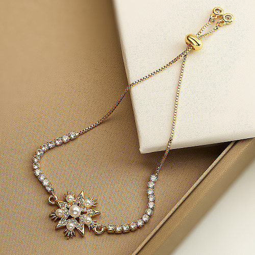 Simple Style Commute Devil'S Eye Flower Copper Plating Inlay Artificial Pearls Zircon 18K Gold Plated Bracelets
