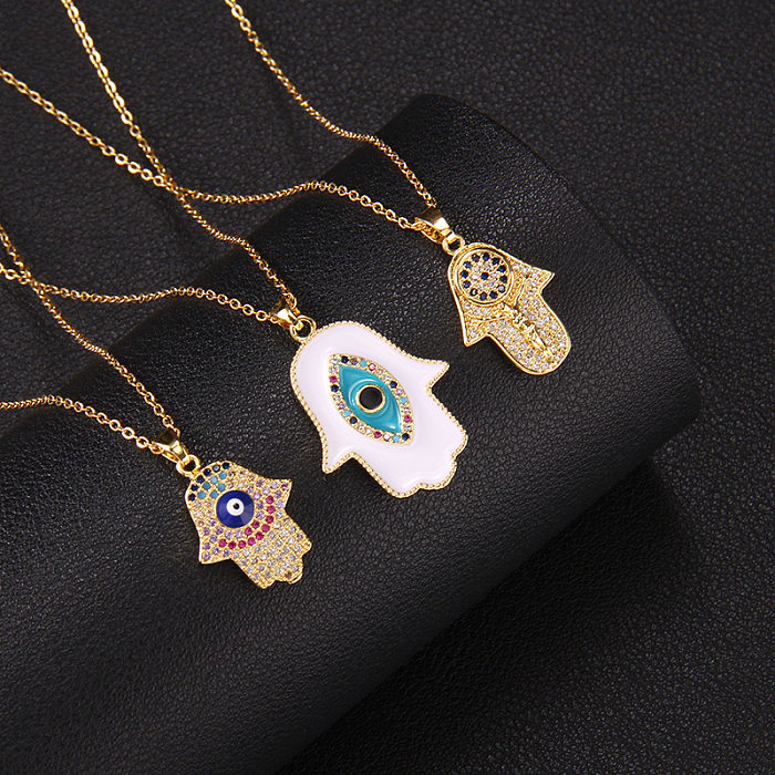 Streetwear Devil'S Eye Hand Of Fatima Titanium Steel Copper Zircon Pendant Necklace In Bulk
