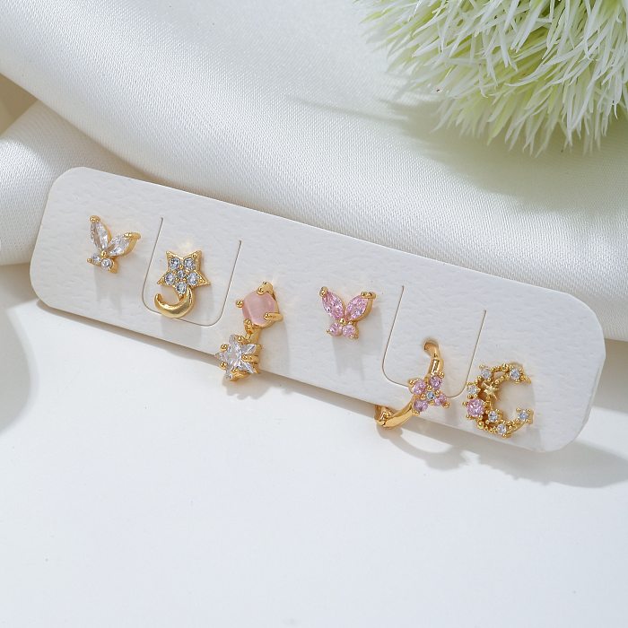 Fashion Star Moon Butterfly Copper Inlay Zircon Earrings 1 Set