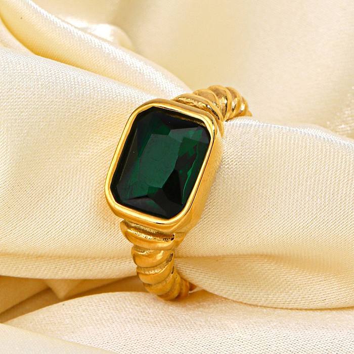 Retro Simple Style Rectangle Stainless Steel 18K Gold Plated Zircon Rings In Bulk