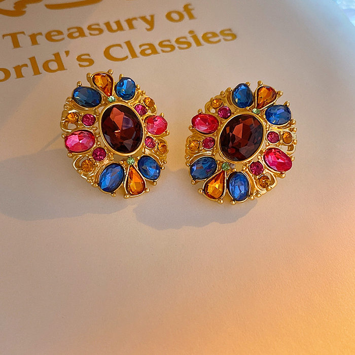 1 par estilo vintage flor chapeamento de cobre incrustação de pedras preciosas artificiais strass brincos de orelha