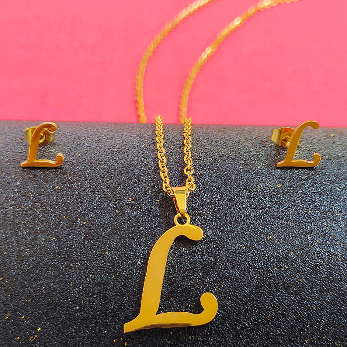 Colar de brincos banhado a ouro de aço titânio com letras da moda