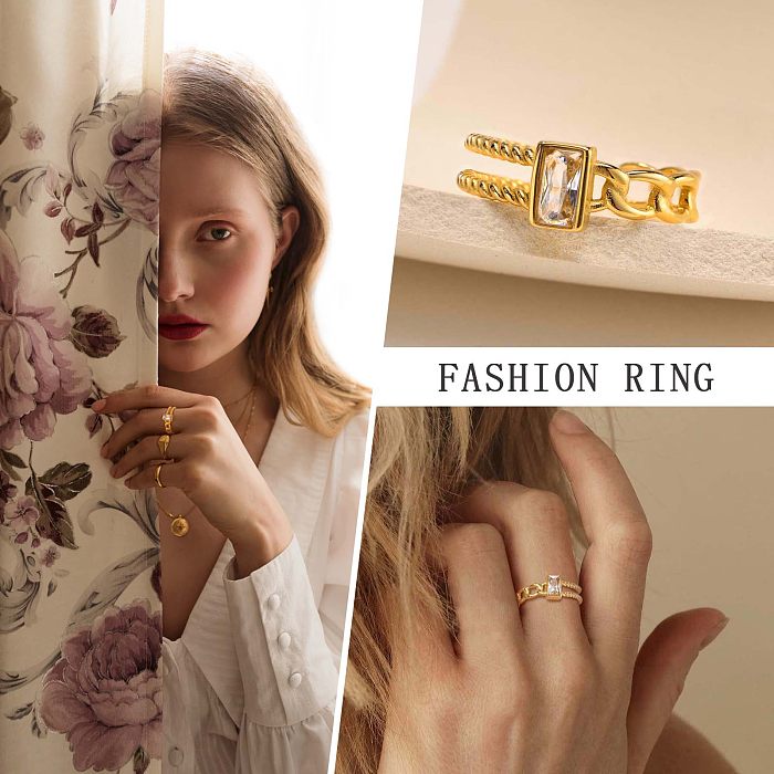 IG Style French Style Simple Style Rectangle Stainless Steel Patchwork Plating Inlay Zircon 18K Gold Plated Open Ring