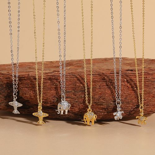 Elegant Simple Style Streetwear Tortoise Elephant Airplane Copper Plating Inlay Zircon 14K Gold Plated White Gold Plated Pendant Necklace