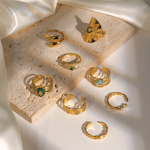 Gotas de água retrô flor chapeamento de aço inoxidável incrustação malaquita anéis banhados a ouro 18K