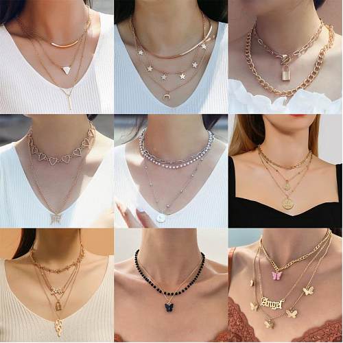 Casual Lady Star Moon Butterfly Alloy Metal Brass Plating Inlay Rhinestones Pearl Zircon 18K Gold Plated Gold Plated Silver Plated Layered Necklaces Long Necklace Necklace