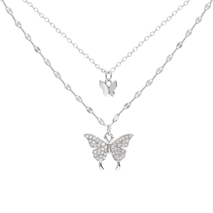 Elegant Lady Butterfly Copper Inlay Zircon Silver Plated Layered Necklaces