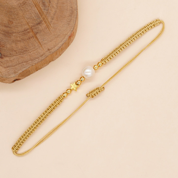 Bracelets tressés en cuivre et perles d'eau douce, style simple, pentagramme