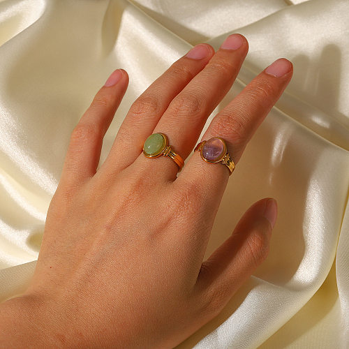 Fashion Waterproof Stainless Steel 18K Gold Oval Green/Purple Semi-Precious Stone Open Ring