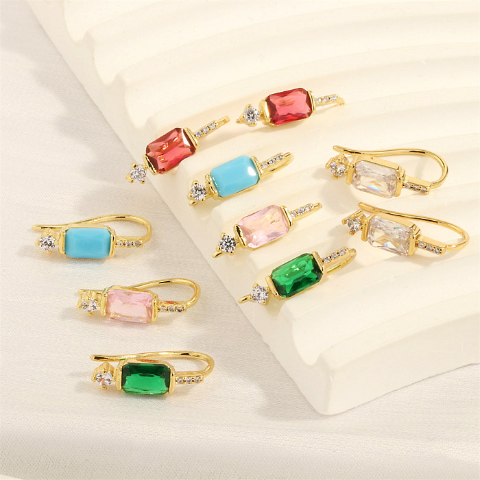 1 Pair Sweet Simple Style Square Plating Inlay Copper Zircon 18K Gold Plated Ear Hook