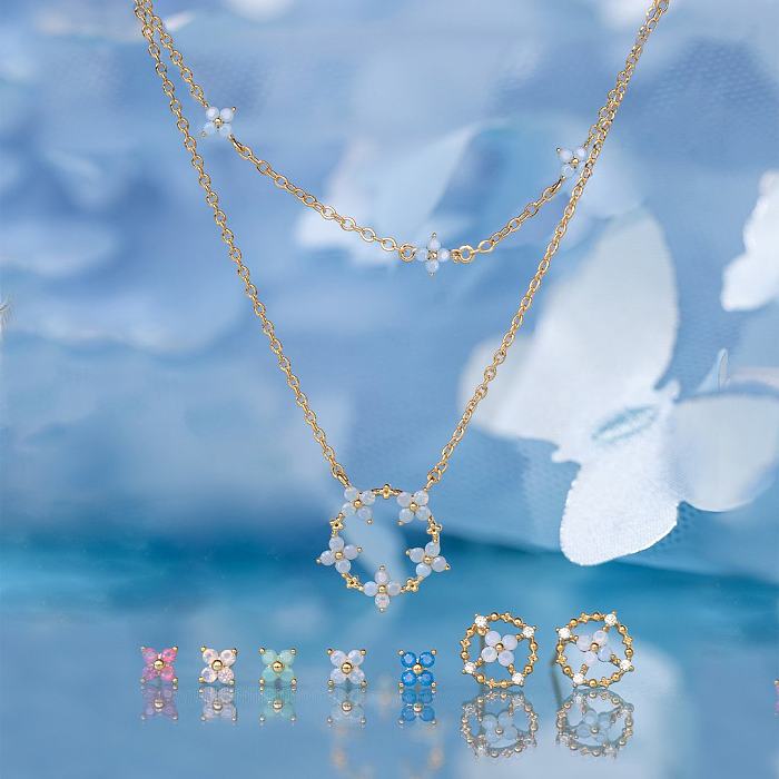 Collier de fleurs bleues en cuivre plaqué or véritable 18 carats préservant les bijoux