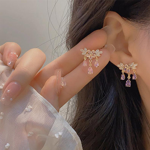1 Pair Elegant French Style Water Droplets Flower Plating Inlay Copper Zircon 14K Gold Plated Drop Earrings