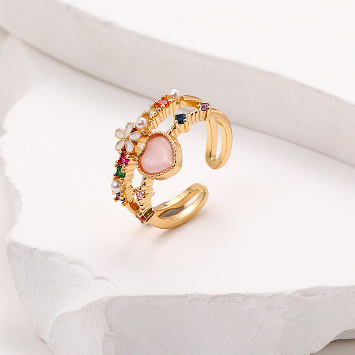 Offener Ring mit süßer Herzform, Blume, Kupferbeschichtung, Inlay, Zirkon, vergoldet