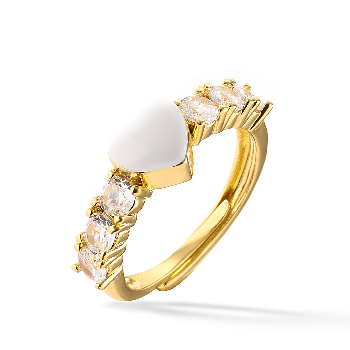 IG Style Casual Heart Shape Copper Enamel Inlay Zircon 18K Gold Plated Open Rings