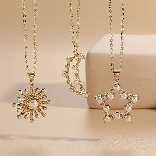 Elegante moderne Art-Sonnen-Stern-Mond-Kupfer-Beschichtung, ausgehöhlte Inlay-Perlen-Zirkon-Anhänger-Halskette mit 14 Karat vergoldeter langer Halskette