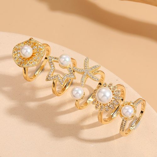 Elegante e luxuoso estilo clássico estrela chapeamento de cobre incrustado zircão anel aberto banhado a ouro 14K
