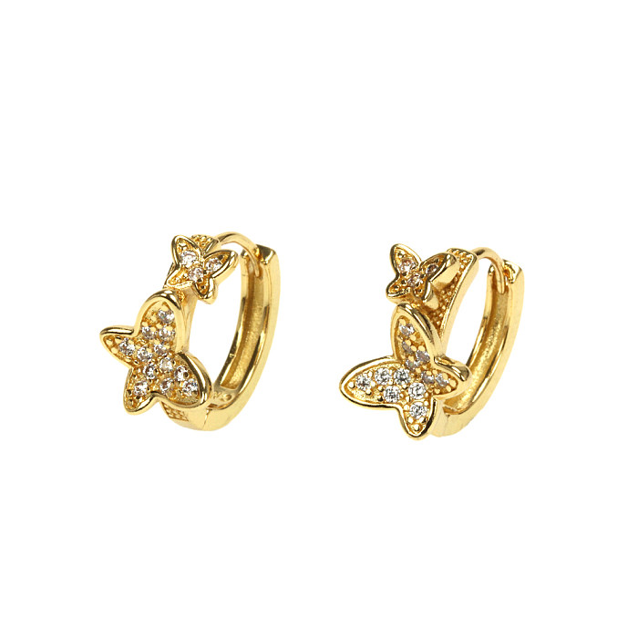 1 paire de boucles d'oreilles plaquées or 18 carats, Style Simple, en forme de cœur, d'abeille et de papillon, incrustation de cuivre et de Zircon