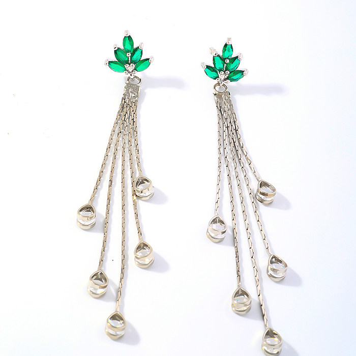 1 Pair Casual Simple Style Shiny Leaves Tassel Plating Inlay Copper Zircon White Gold Plated Drop Earrings