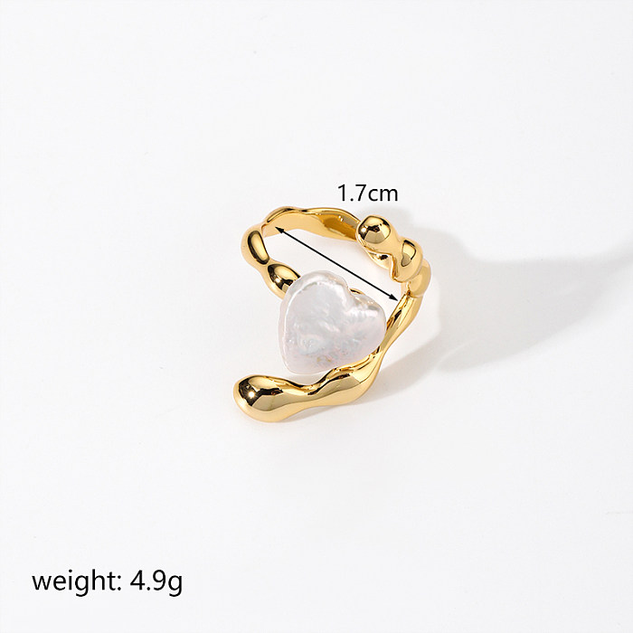 Moda estilo simples formato de coração chapeamento de cobre incrustado pérola 18K anéis abertos banhados a ouro