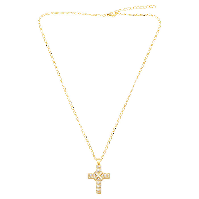 IG Style Retro Cross Copper Plating Inlay Zircon 18K Gold Plated Pendant Necklace