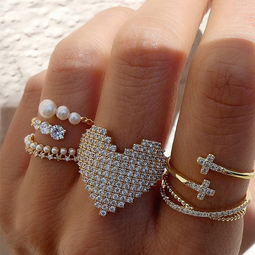 Anéis de cobre em formato de coração estilo simples embutidas em zircão anéis de cobre